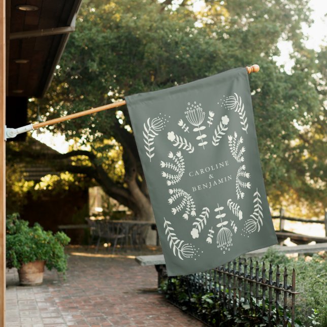 Stylish Folk Flowers Sage Green Custom Wedding House Flag (In SItu)