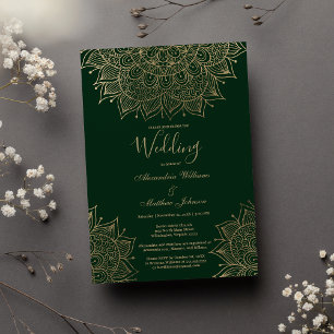 Stylish forest green gold floral mandala Wedding Invitation