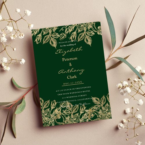 Stylish forest green gold luxury floral Wedding  Invitation