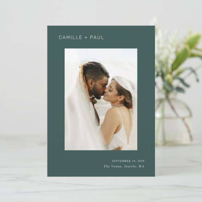 Stylish Forest Green Photo Minimalist Wedding Save The Date (Standing Front)
