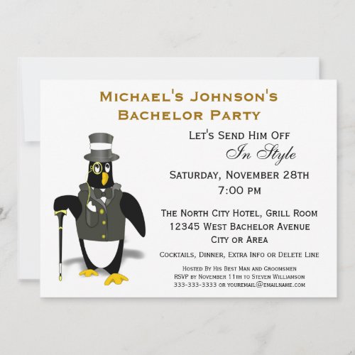 Stylish Formal Tuxedo Penguin Bachelor Party Invitation