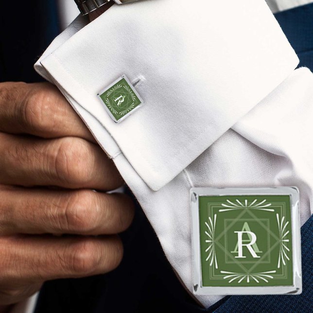 Stylish Frame Green Monogram Cufflinks (Elegant Monogram Design. Perfect for male.)