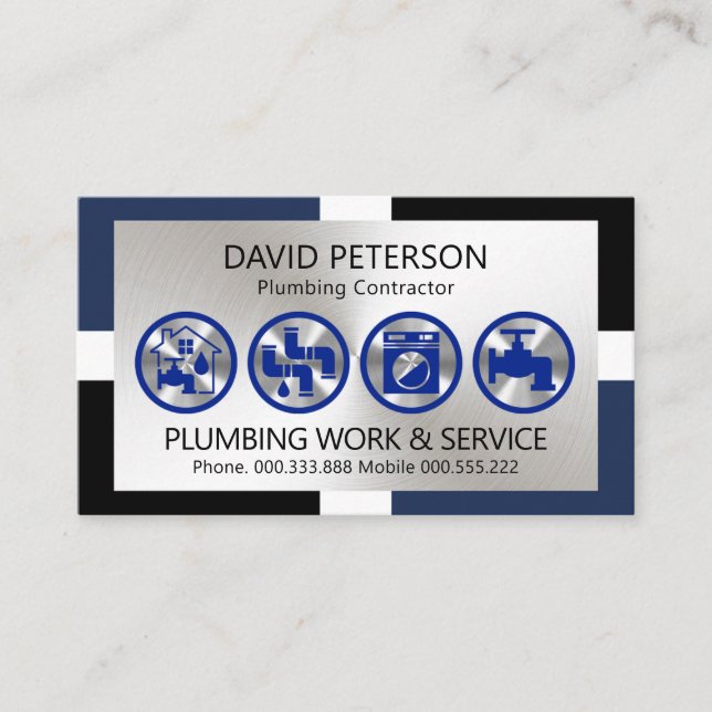 Stylish Frame Silver Plumbing Icons Business Card (Front)