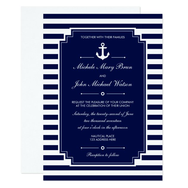 Stylish Fresh Nautical Blue White Wedding Invite