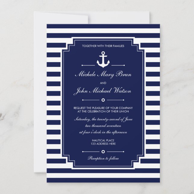 Stylish Fresh Nautical Blue White Wedding Invite (Front)