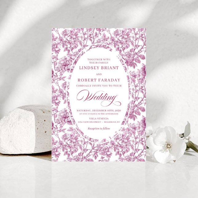 Stylish Fuchsia Rose Gold Toile Floral Wedding  Invitation (Stylish Fuchsia Rose Gold Toile Floral Wedding Invitation)