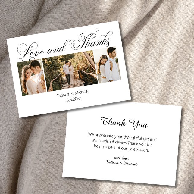 stylish fun curvy calligraphy 3 photos wedding  thank you card (Creator Uploaded)