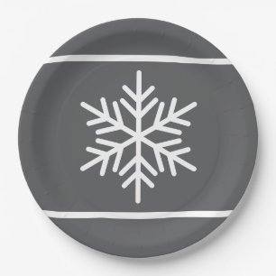 Stylish Fun Modern Gray White Stripes Snowflakes Paper Plates