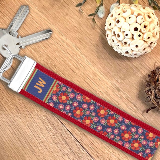 Stylish Fun Red Floral Pattern Monogram Initials Wrist Keychain (Creator Uploaded)