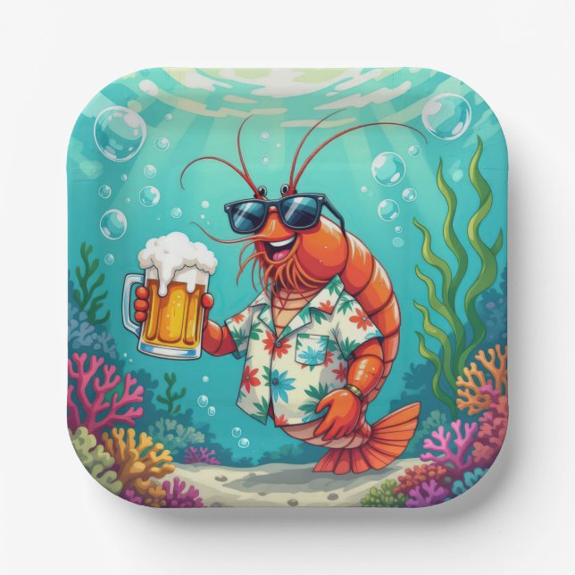 Stylish Fun Shrimp With a Glass of Beer Paper Plates (Front)