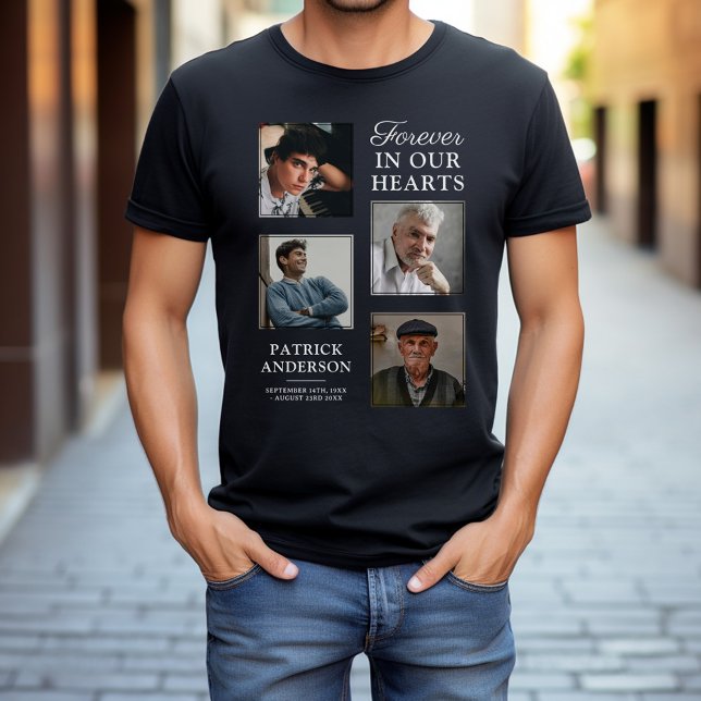 Stylish Funeral 4 Photo Memorial T-Shirt (Creator Uploaded)