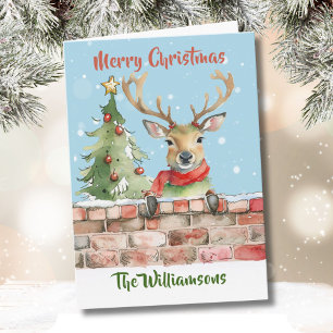 Stylish Funny Watercolor Reindeer Christmas Tree Card