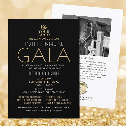 Stylish Gala Custom Event Logo Photo Black Gold Invitation