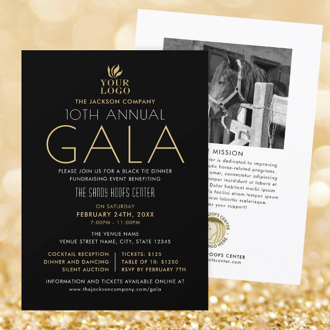 Stylish Gala Custom Event Logo Photo Black Gold Invitation (Creator Uploaded)