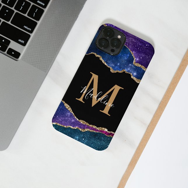 Stylish Galaxy Gold Agate Geode Monogram iPhone Case (Creator Uploaded)