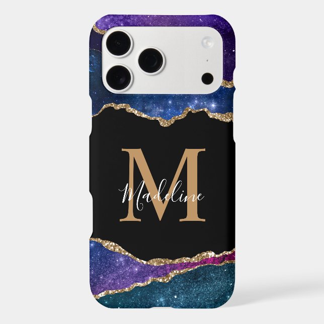Stylish Galaxy Gold Agate Geode Monogram iPhone Case (Back)
