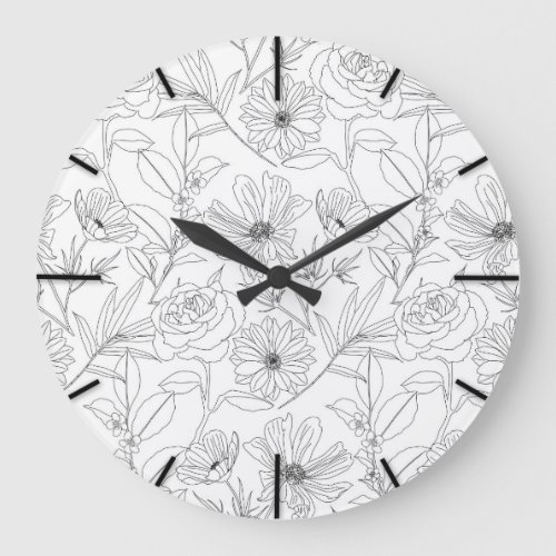 stylish garden flowers black outlines design large clock