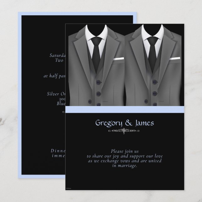  Stylish Gay Wedding Elegant Gray Suits Invitation (Front/Back)