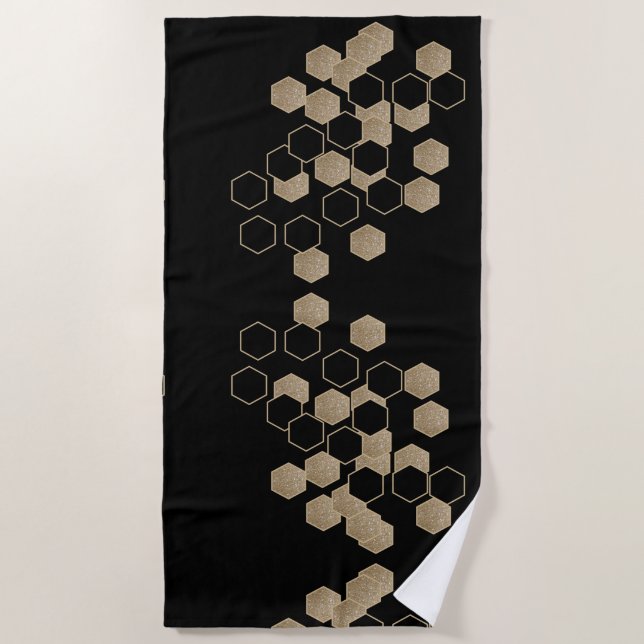stylish geometric black and gold hexagon pattern beach towel (Front)
