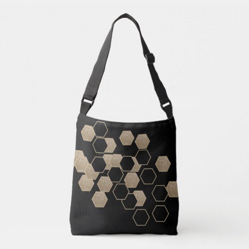 stylish geometric black and gold hexagon pattern crossbody bag