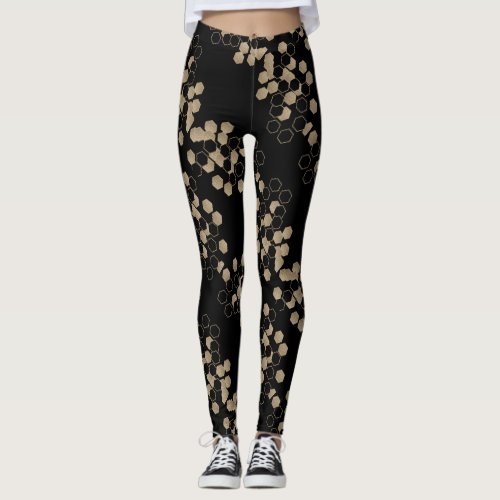 stylish geometric black and gold hexagon pattern leggings