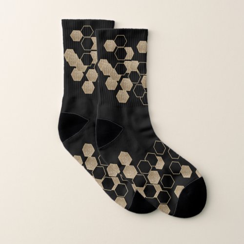 stylish geometric black and gold hexagon pattern socks