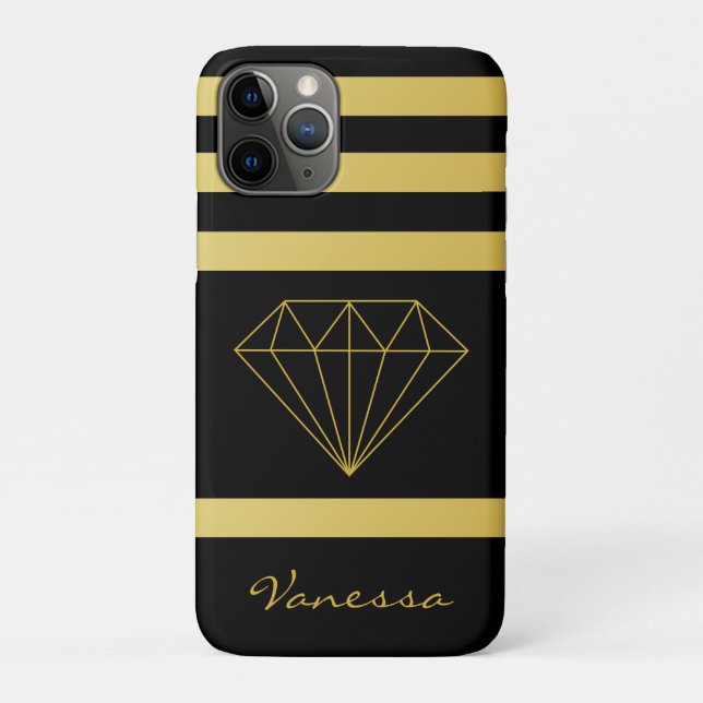 Stylish Geometric Black Gold Stripes w Diamond Case-Mate iPhone Case (Back)