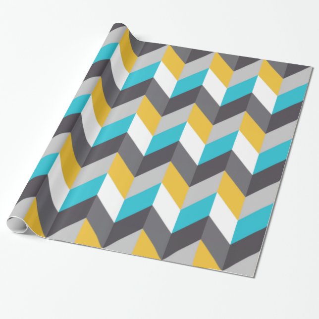 Stylish Geometric Blue Yellow Gray Pattern Wrapping Paper (Unrolled)