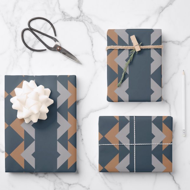 Stylish Geometric Kilim Navy Blue Brown Pattern Wrapping Paper Sheets (Front)