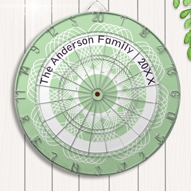 Stylish Geometric Line Art Green White Custom Name Dart Board (A stylish dartboard in fresh light green, with a geometric pattern formed of curved lines)