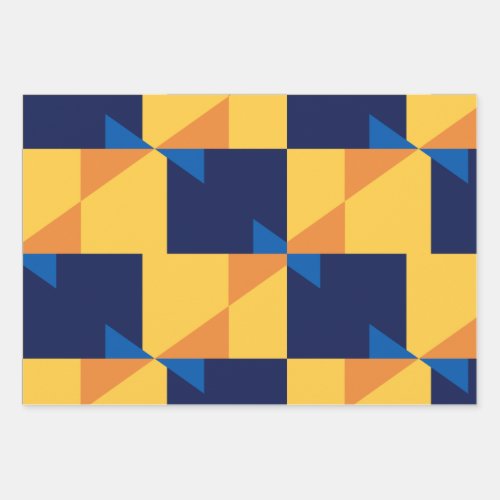 Stylish Geometric Shapes Pattern Blue Gold Yell Wrapping Paper Sheets