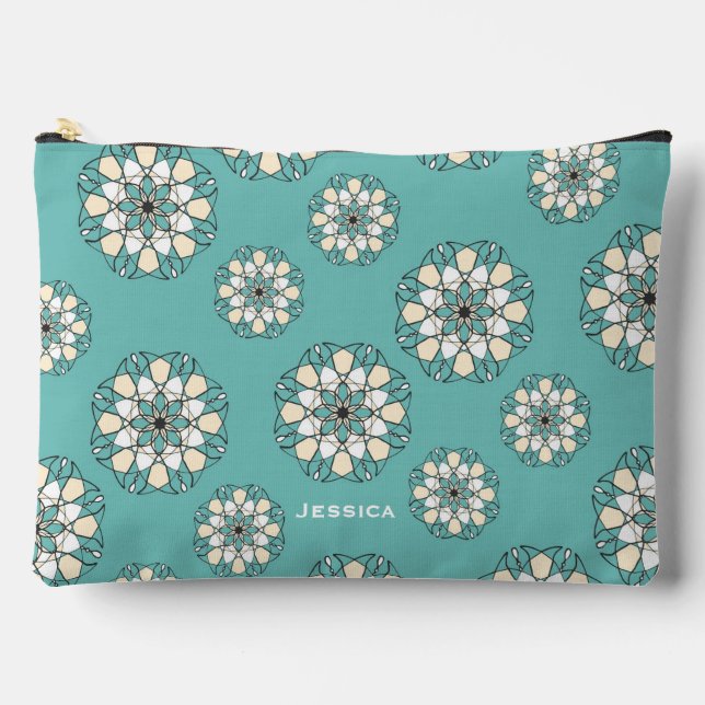 Stylish Geometric Teal Floral Mandala Personalised Accessory Pouch (Front)