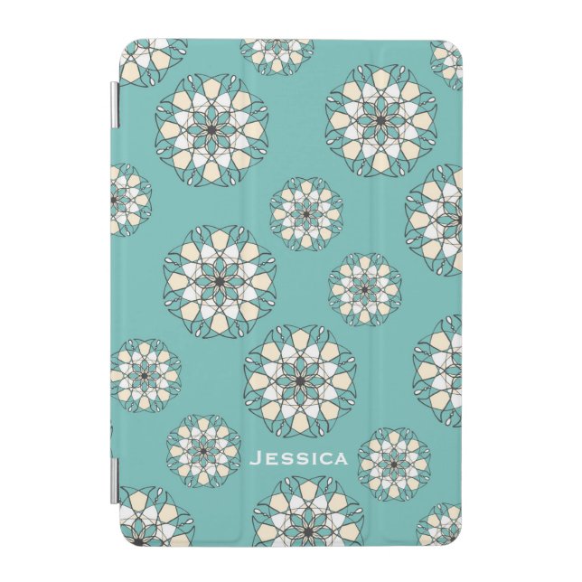Stylish Geometric Teal Floral Mandala Personalised iPad Mini Cover (Front)