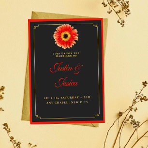 Stylish Gerbera Daisy Red and Gold Accents Wedding Invitation