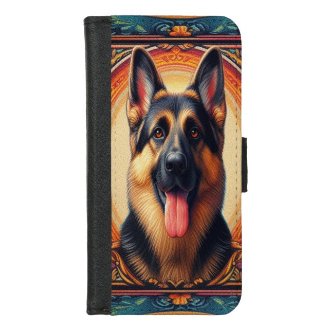 Stylish German Shepherd Dog Colorful Frame iPhone Wallet Case (Front)