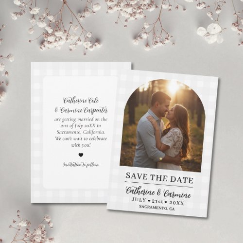 Stylish Gingham Engagement Photo Arch Wedding  Save The Date