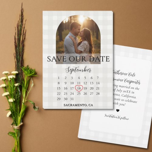 Stylish Gingham Engagement Photo Arch Wedding  Save The Date