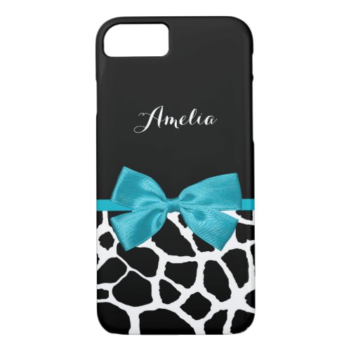 Stylish Giraffe Print and Name Girly Turquoise Bow iPhone 87 Case