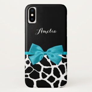 Stylish Giraffe Print and Name Girly Turquoise Bow iPhone X Case