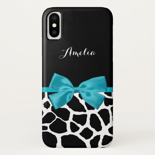Stylish Giraffe Print and Name Girly Turquoise Bow Case-Mate iPhone Case (Back)