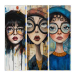 Stylish Girl in Beret &amp; Round Glasses - Watercolor Triptych