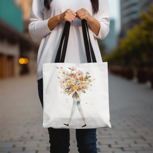 Stylish Girl With Flowers Floral Tote Bag