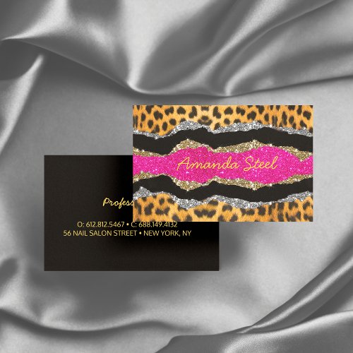 Stylish girly animal print pink glittery monogram  business card