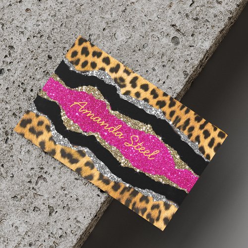 Stylish girly animal print pink glittery monogram  business card magnet