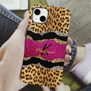 Stylish girly animal print pink glittery monogram iPhone 13 case