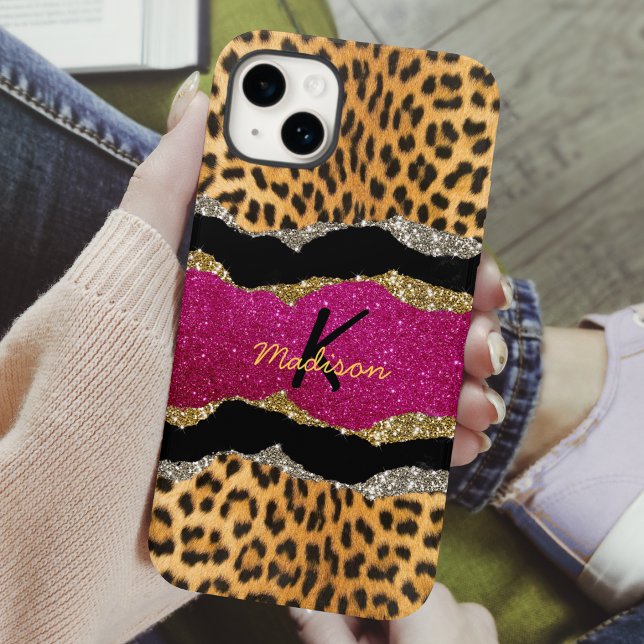 Stylish girly animal print pink glittery monogram  Case-Mate iPhone case (Creator Uploaded)