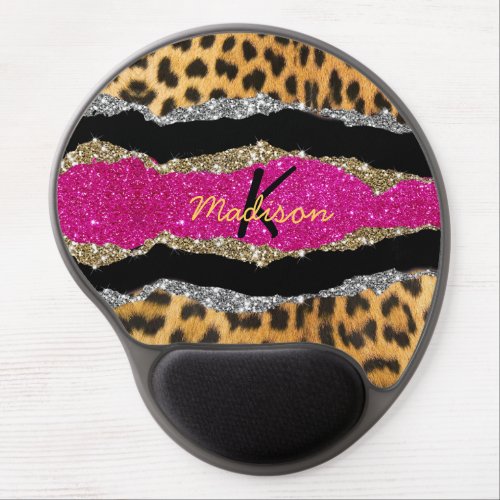 Stylish girly animal print pink glittery monogram gel mouse pad