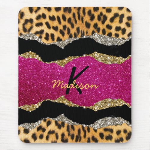 Stylish girly animal print pink glittery monogram mouse pad