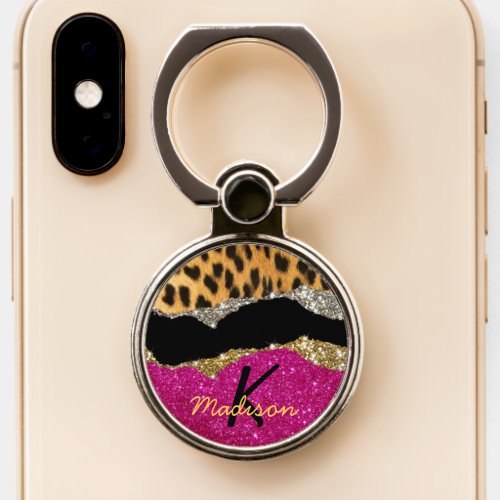 Stylish girly animal print pink glittery monogram phone ring stand