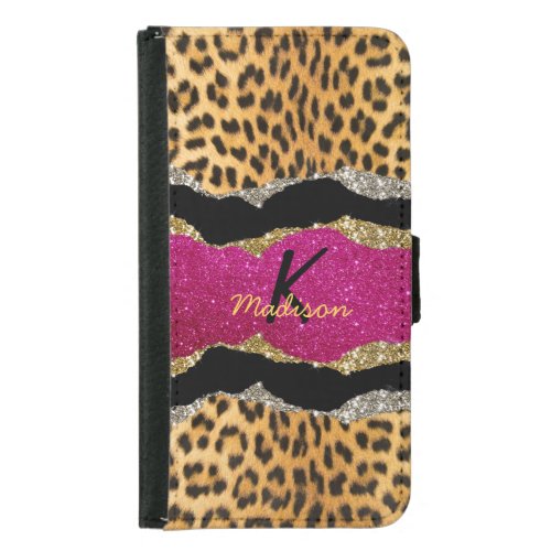 Stylish girly animal print pink glittery monogram  samsung galaxy s5 wallet case